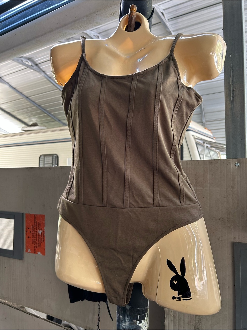 BKE Brown Spaghetti Strap Bodysuit with Panel Stitching